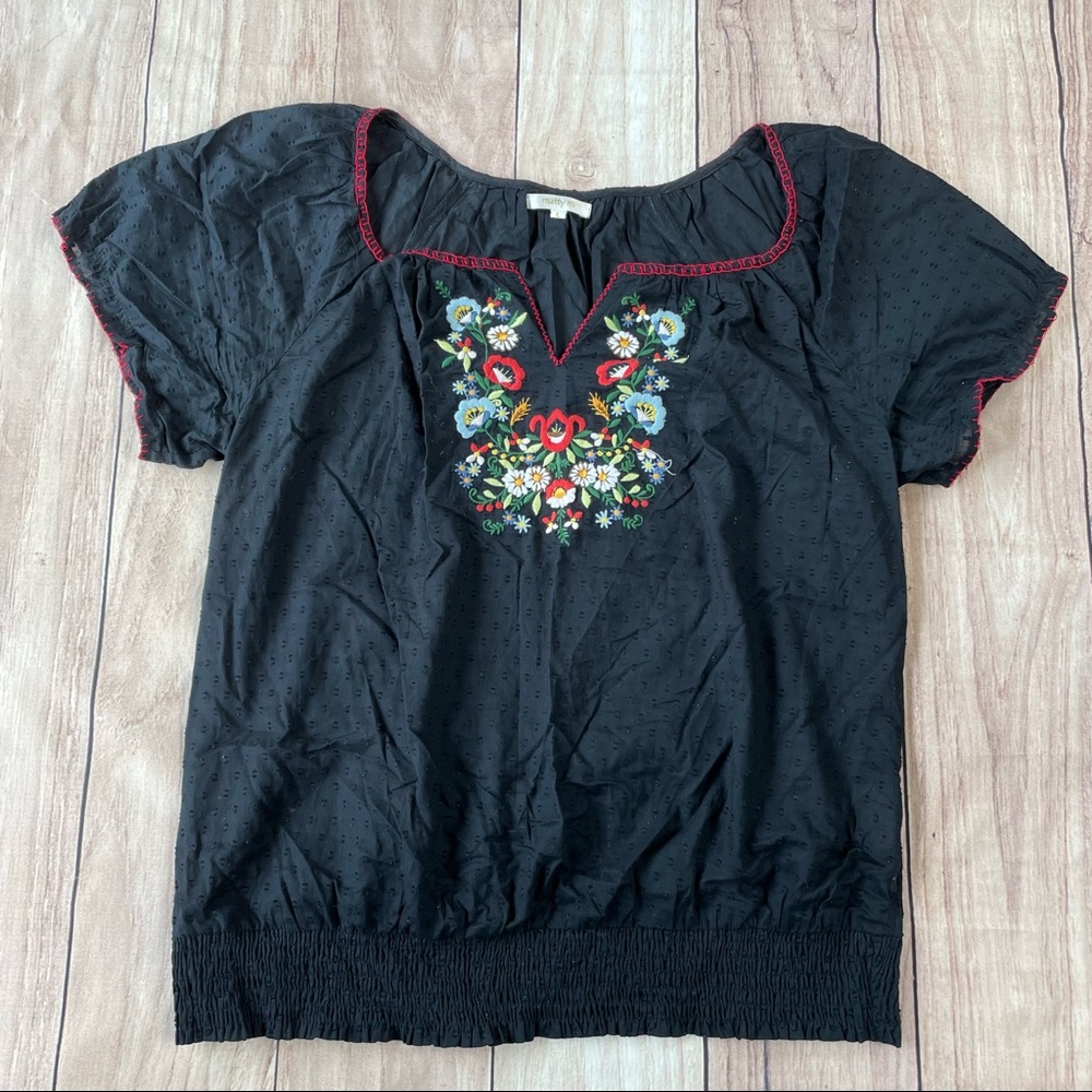 Matty M Black Floral Embroidered Peasant Top